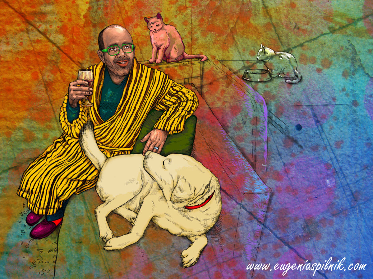 Arte digital abstracto - Hombre con su perro y gatos Arte digital abstracto - Hombre con su perro y gatos